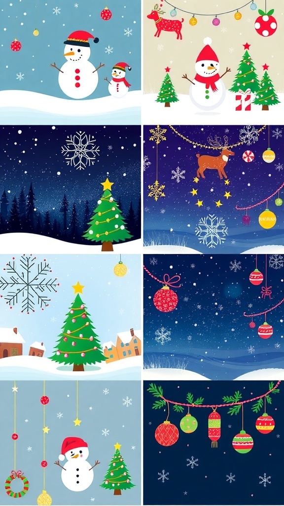 A variety of cute Christmas wallpapers featuring snowmen, trees, and ornaments.